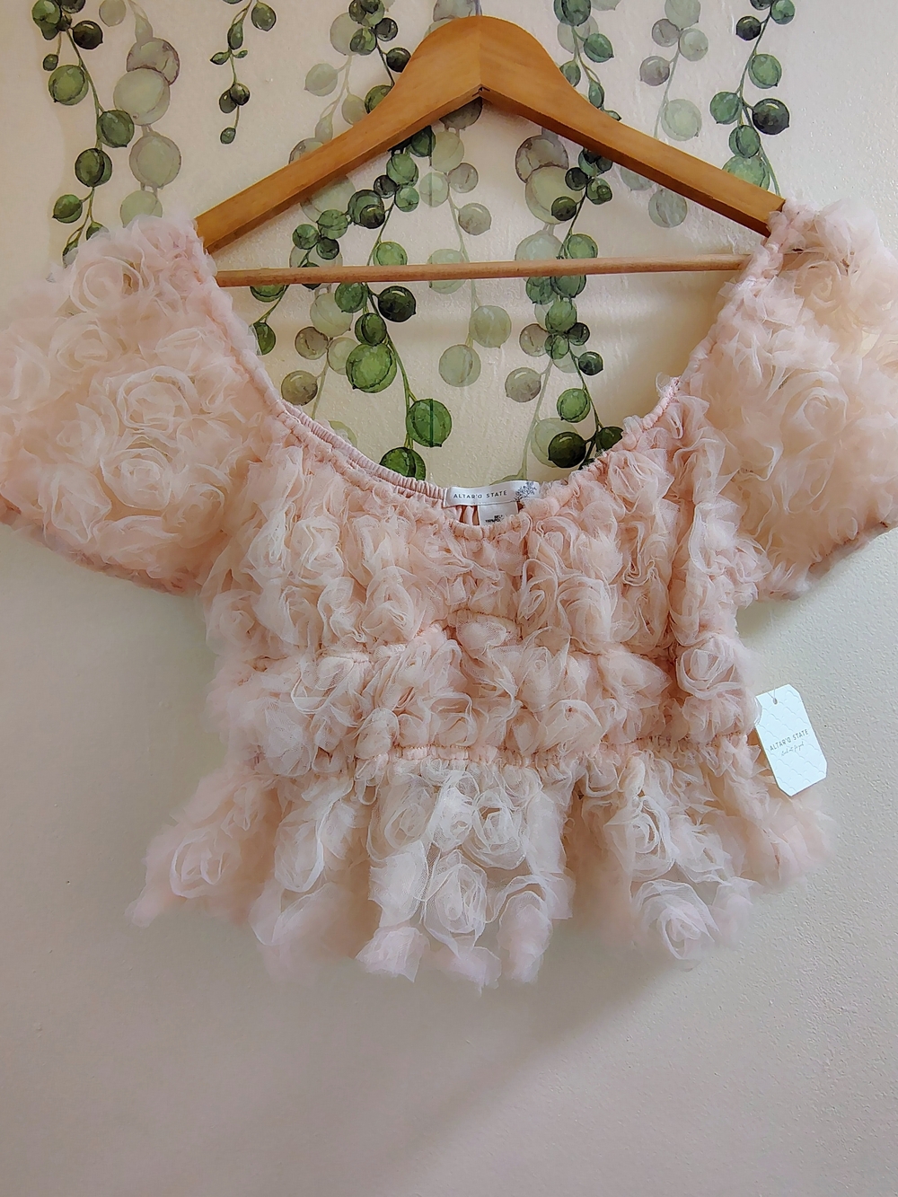 Altar'd State Blush Pink Rosette Puff Sleeve Crop Top
